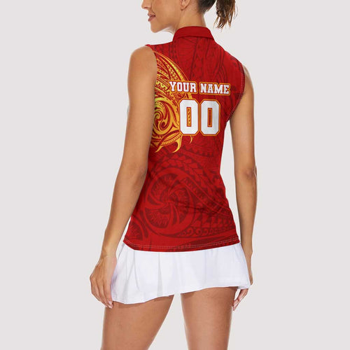 Personalized Gold Coast Suns Polynesian Women Sleeveless Polo Shirt Tribal Chest and Sleeve Tattoo Heritage Warrior