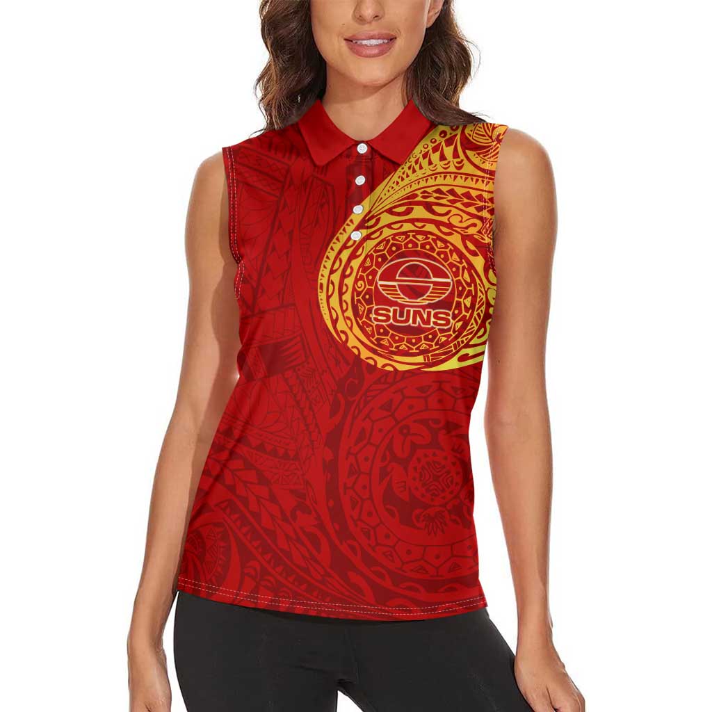 Personalized Gold Coast Suns Polynesian Women Sleeveless Polo Shirt Tribal Chest and Sleeve Tattoo Heritage Warrior