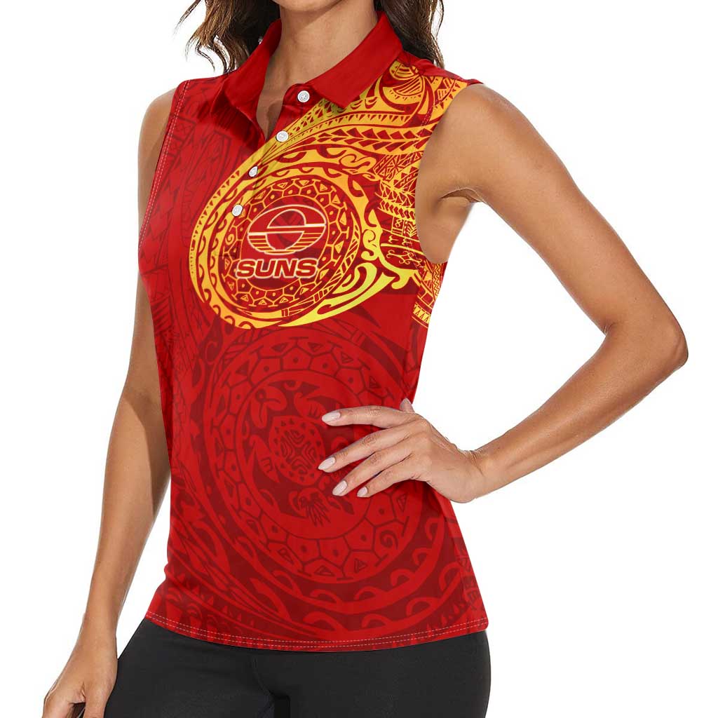 Personalized Gold Coast Suns Polynesian Women Sleeveless Polo Shirt Tribal Chest and Sleeve Tattoo Heritage Warrior