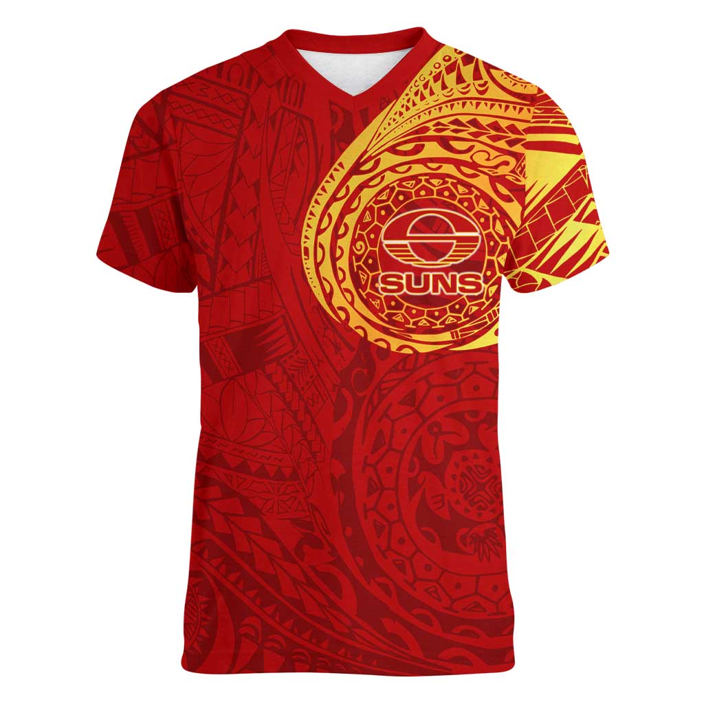 Personalized Gold Coast Suns Polynesian Women V-Neck T-Shirt Tribal Chest and Sleeve Tattoo Heritage Warrior