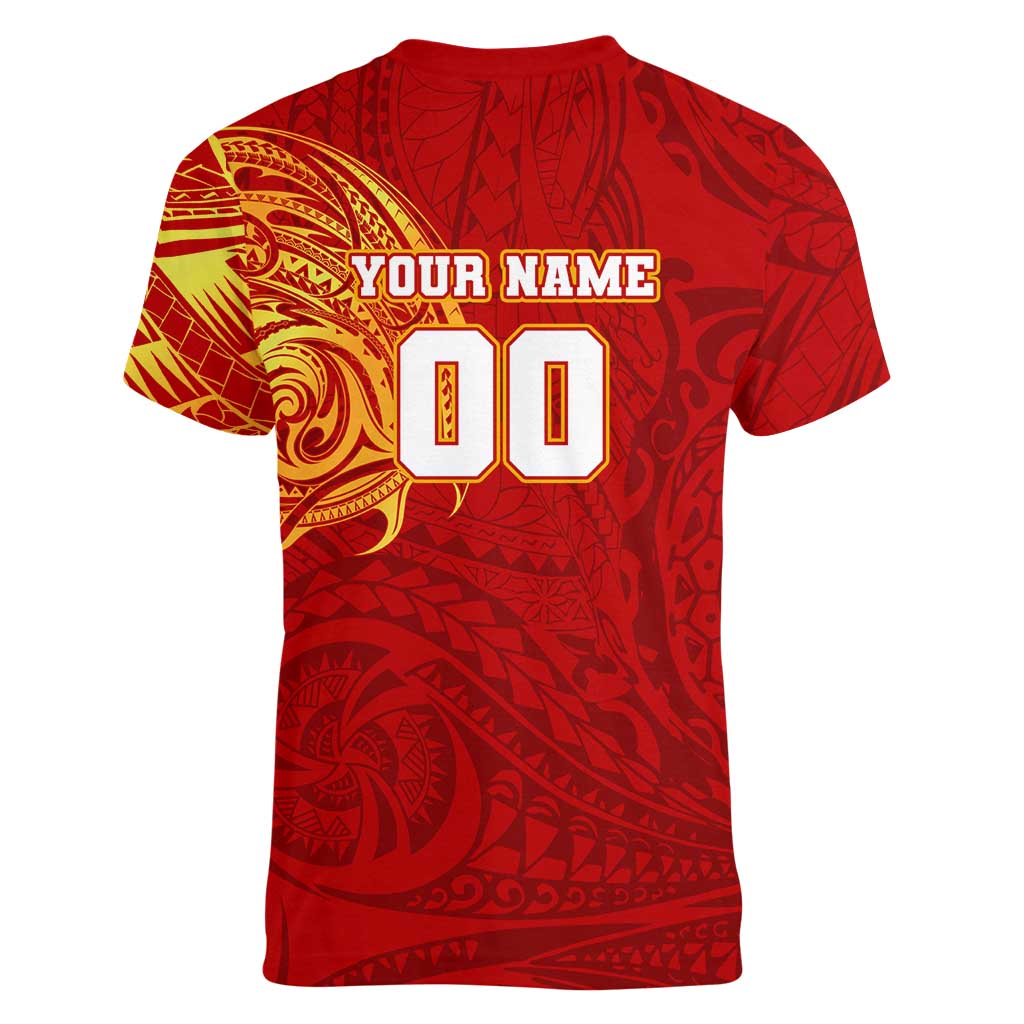 Personalized Gold Coast Suns Polynesian Women V-Neck T-Shirt Tribal Chest and Sleeve Tattoo Heritage Warrior