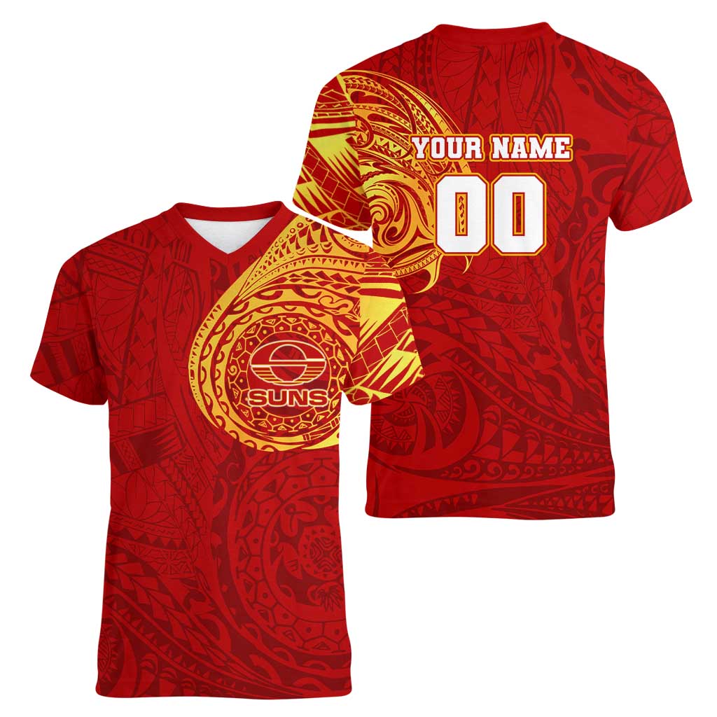 Personalized Gold Coast Suns Polynesian Women V-Neck T-Shirt Tribal Chest and Sleeve Tattoo Heritage Warrior