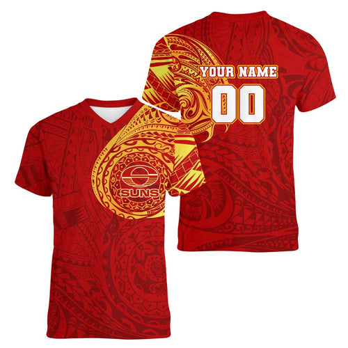 Personalized Gold Coast Suns Polynesian Women V-Neck T-Shirt Tribal Chest and Sleeve Tattoo Heritage Warrior
