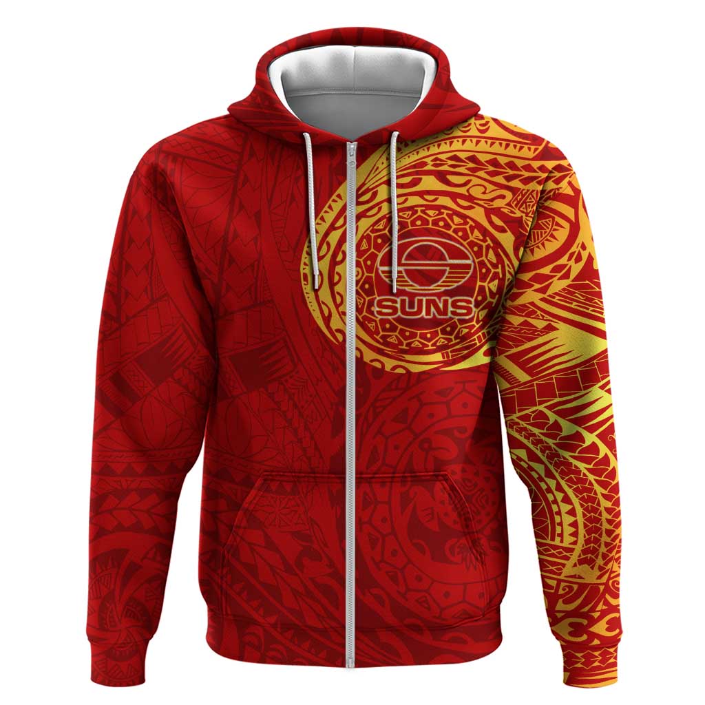 Personalized Gold Coast Suns Polynesian Zip Hoodie Tribal Chest and Sleeve Tattoo Heritage Warrior