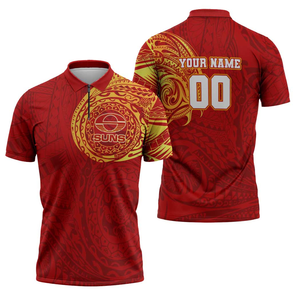 Personalized Gold Coast Suns Polynesian Zipper Polo Shirt Tribal Chest and Sleeve Tattoo Heritage Warrior