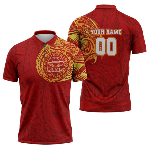 Personalized Gold Coast Suns Polynesian Zipper Polo Shirt Tribal Chest and Sleeve Tattoo Heritage Warrior