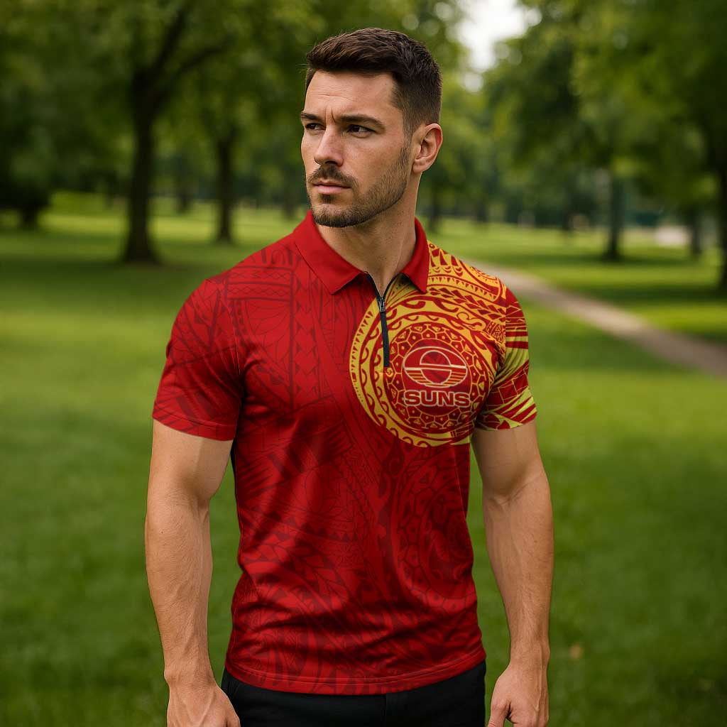 Personalized Gold Coast Suns Polynesian Zipper Polo Shirt Tribal Chest and Sleeve Tattoo Heritage Warrior