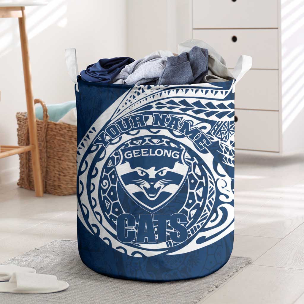 Personalized Geelong Cats Polynesian Laundry Basket Tribal Chest and Sleeve Tattoo Heritage Warrior
