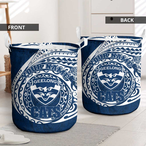 Personalized Geelong Cats Polynesian Laundry Basket Tribal Chest and Sleeve Tattoo Heritage Warrior