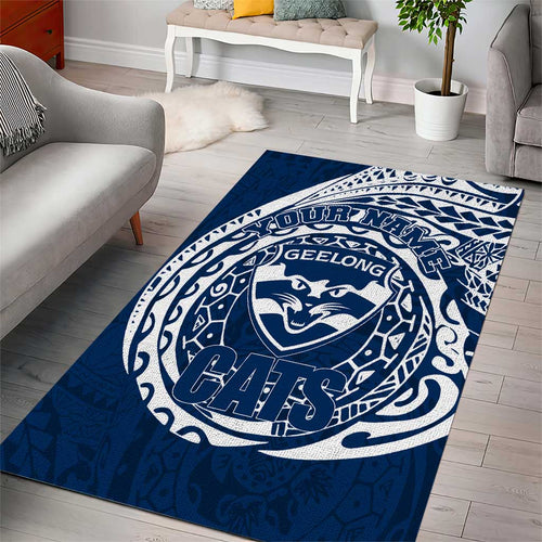 Personalized Geelong Cats Polynesian Area Rug Tribal Chest and Sleeve Tattoo Heritage Warrior