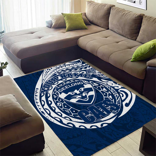 Personalized Geelong Cats Polynesian Area Rug Tribal Chest and Sleeve Tattoo Heritage Warrior