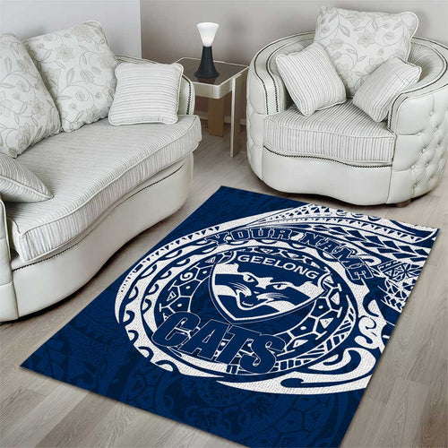 Personalized Geelong Cats Polynesian Area Rug Tribal Chest and Sleeve Tattoo Heritage Warrior
