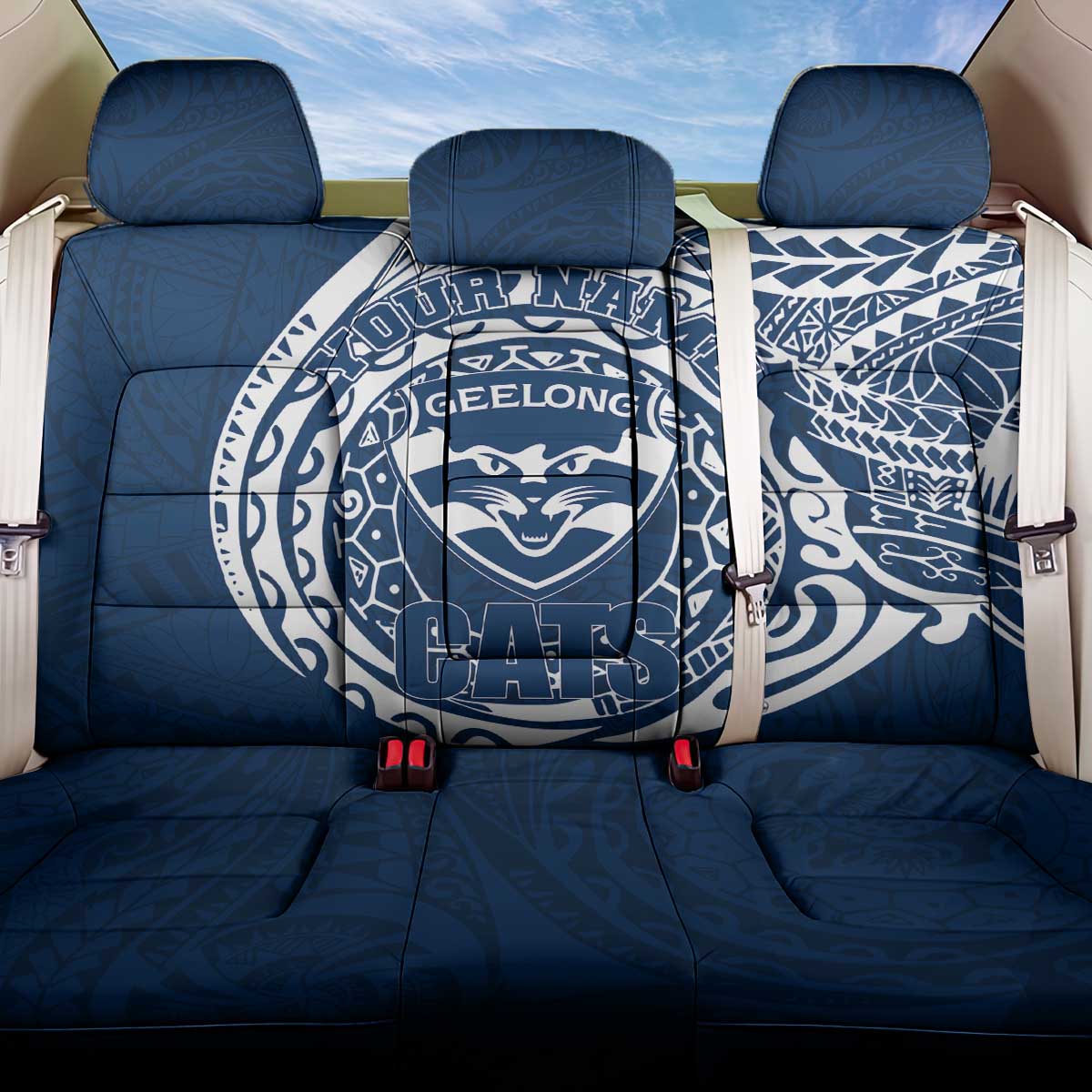 Personalized Geelong Cats Polynesian Back Car Seat Cover Tribal Chest and Sleeve Tattoo Heritage Warrior
