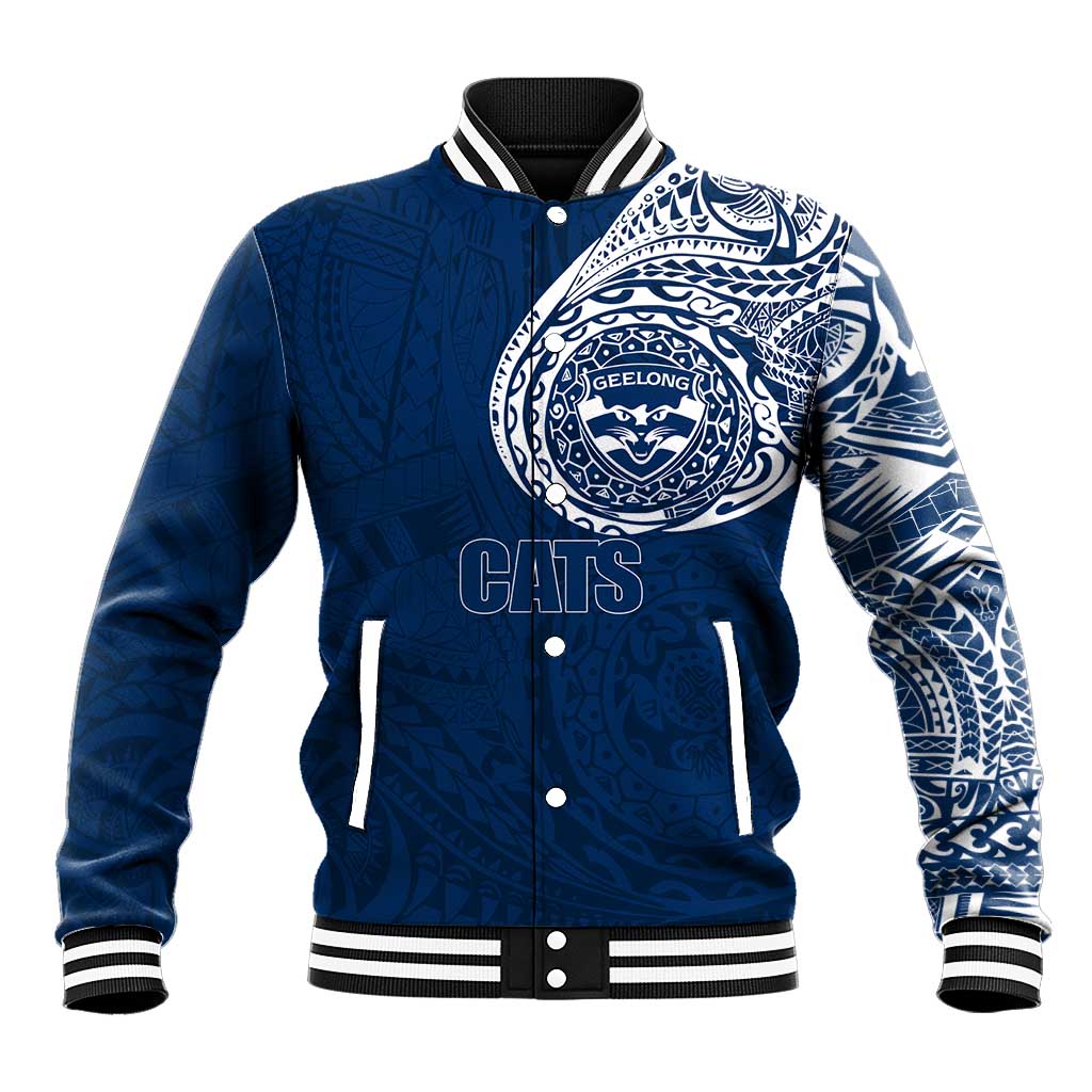 Personalized Geelong Cats Polynesian Baseball Jacket Tribal Chest and Sleeve Tattoo Heritage Warrior
