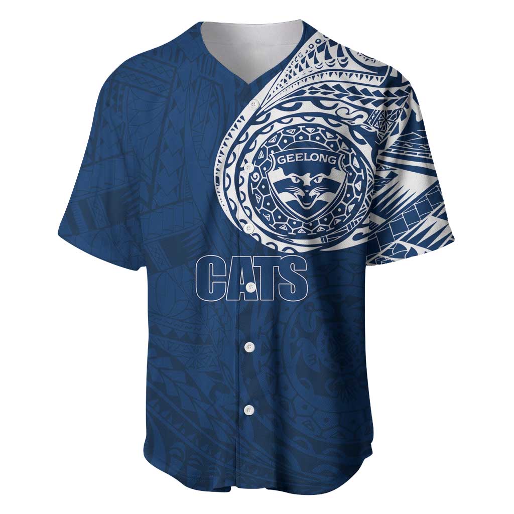 Personalized Geelong Cats Polynesian Baseball Jersey Tribal Chest and Sleeve Tattoo Heritage Warrior