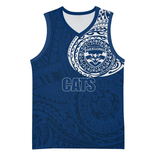 Personalized Geelong Cats Polynesian Basketball Jersey Tribal Chest and Sleeve Tattoo Heritage Warrior