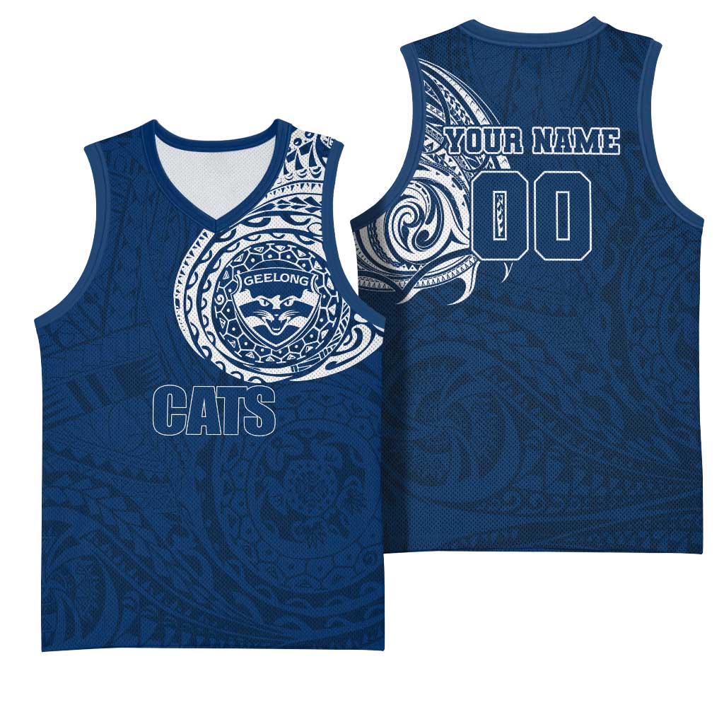 Personalized Geelong Cats Polynesian Basketball Jersey Tribal Chest and Sleeve Tattoo Heritage Warrior