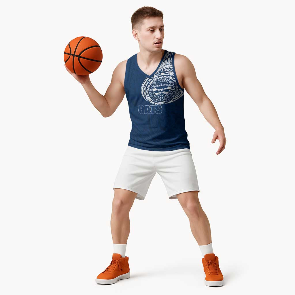Personalized Geelong Cats Polynesian Basketball Jersey Tribal Chest and Sleeve Tattoo Heritage Warrior