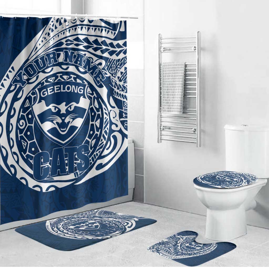 Personalized Geelong Cats Polynesian Bathroom Set Tribal Chest and Sleeve Tattoo Heritage Warrior