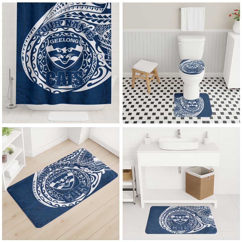 Personalized Geelong Cats Polynesian Bathroom Set Tribal Chest and Sleeve Tattoo Heritage Warrior