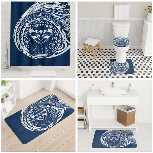 Personalized Geelong Cats Polynesian Bathroom Set Tribal Chest and Sleeve Tattoo Heritage Warrior