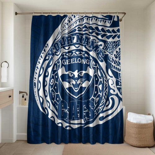 Personalized Geelong Cats Polynesian Bathroom Set Tribal Chest and Sleeve Tattoo Heritage Warrior