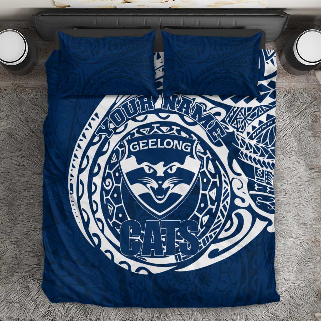 Personalized Geelong Cats Polynesian Bedding Set Tribal Chest and Sleeve Tattoo Heritage Warrior