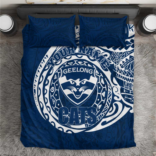 Personalized Geelong Cats Polynesian Bedding Set Tribal Chest and Sleeve Tattoo Heritage Warrior