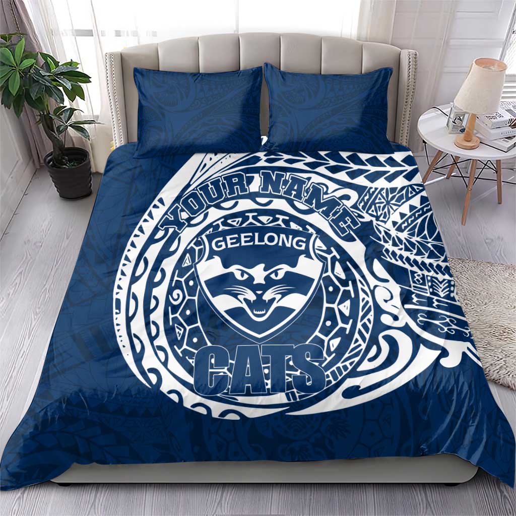 Personalized Geelong Cats Polynesian Bedding Set Tribal Chest and Sleeve Tattoo Heritage Warrior