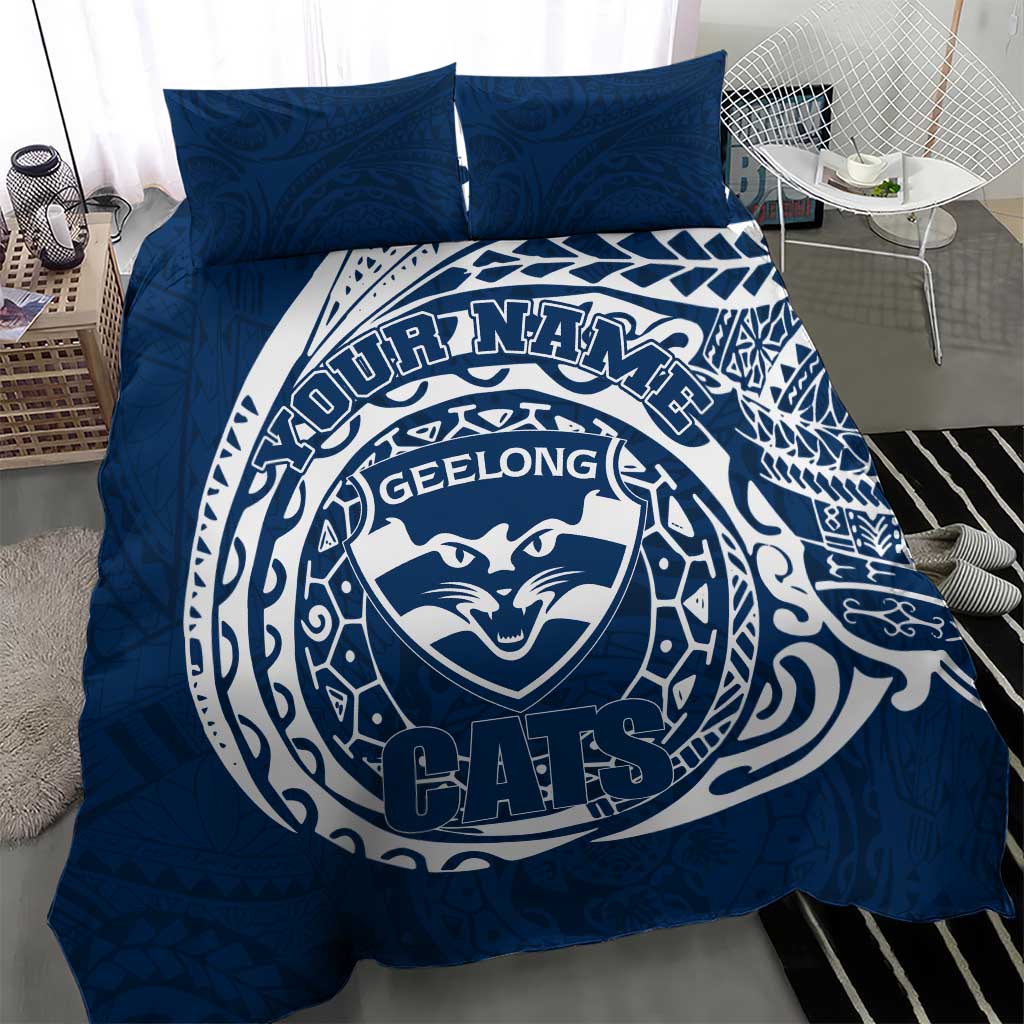 Personalized Geelong Cats Polynesian Bedding Set Tribal Chest and Sleeve Tattoo Heritage Warrior