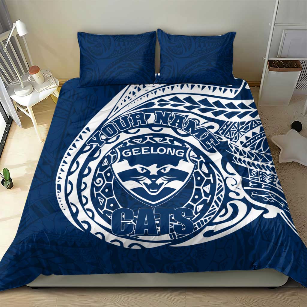 Personalized Geelong Cats Polynesian Bedding Set Tribal Chest and Sleeve Tattoo Heritage Warrior