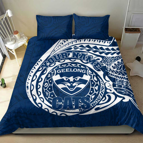 Personalized Geelong Cats Polynesian Bedding Set Tribal Chest and Sleeve Tattoo Heritage Warrior