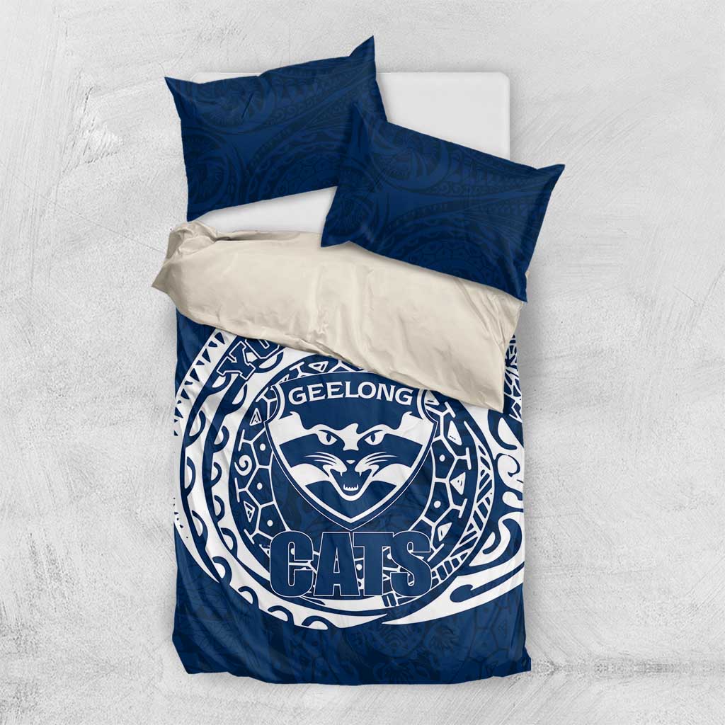 Personalized Geelong Cats Polynesian Bedding Set Tribal Chest and Sleeve Tattoo Heritage Warrior