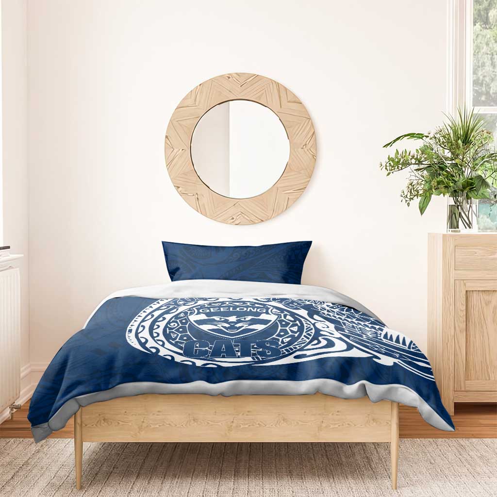 Personalized Geelong Cats Polynesian Bedding Set Tribal Chest and Sleeve Tattoo Heritage Warrior
