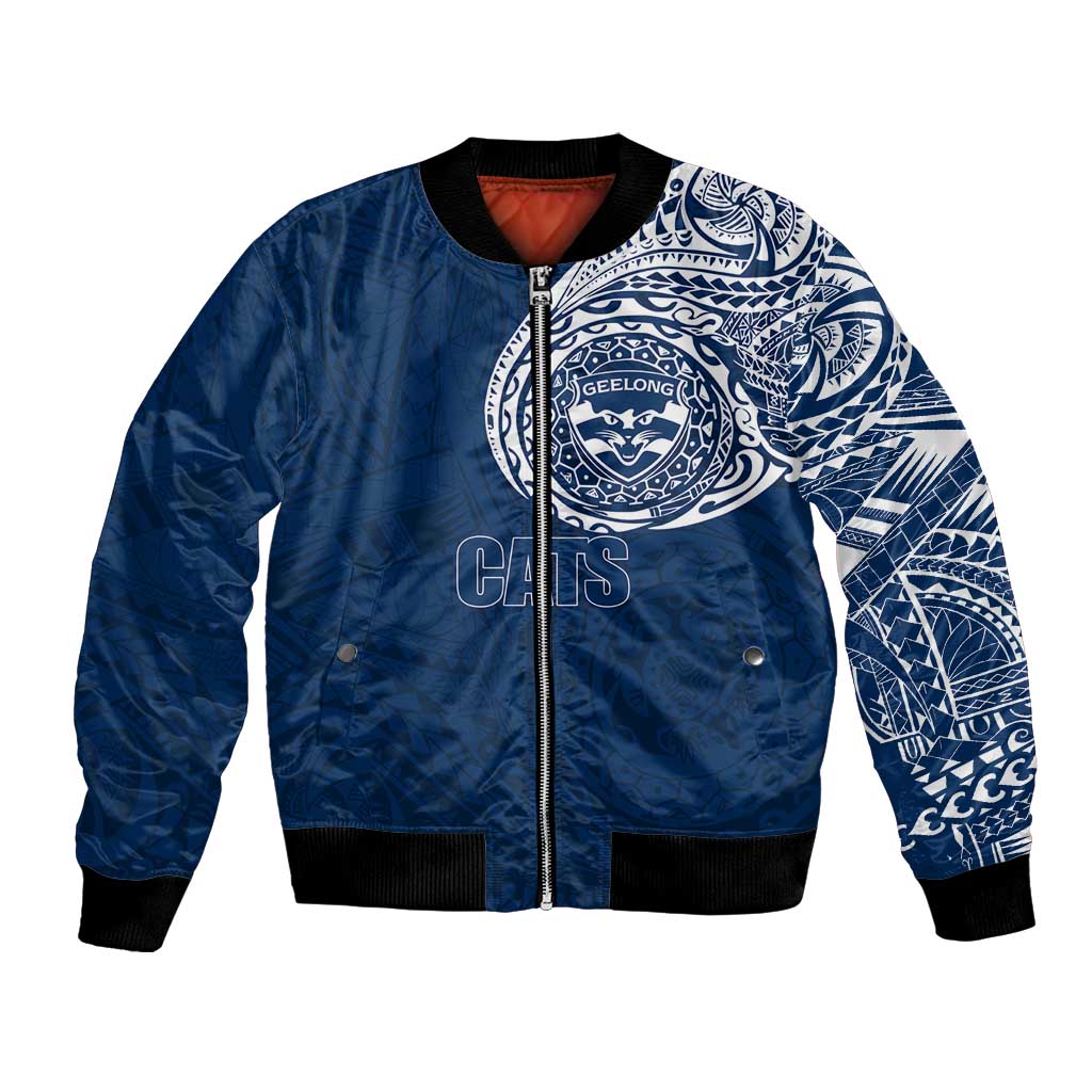 Personalized Geelong Cats Polynesian Bomber Jacket Tribal Chest and Sleeve Tattoo Heritage Warrior