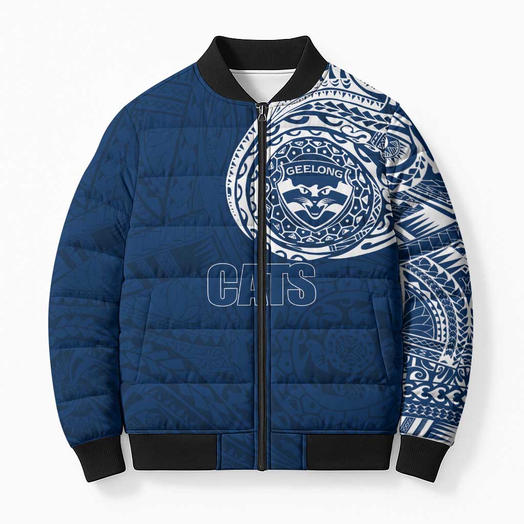 Personalized Geelong Cats Polynesian Bomber Puffer Jacket Tribal Chest and Sleeve Tattoo Heritage Warrior