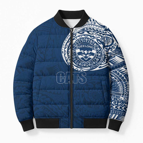 Personalized Geelong Cats Polynesian Bomber Puffer Jacket Tribal Chest and Sleeve Tattoo Heritage Warrior