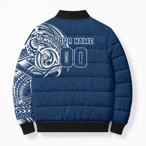 Personalized Geelong Cats Polynesian Bomber Puffer Jacket Tribal Chest and Sleeve Tattoo Heritage Warrior