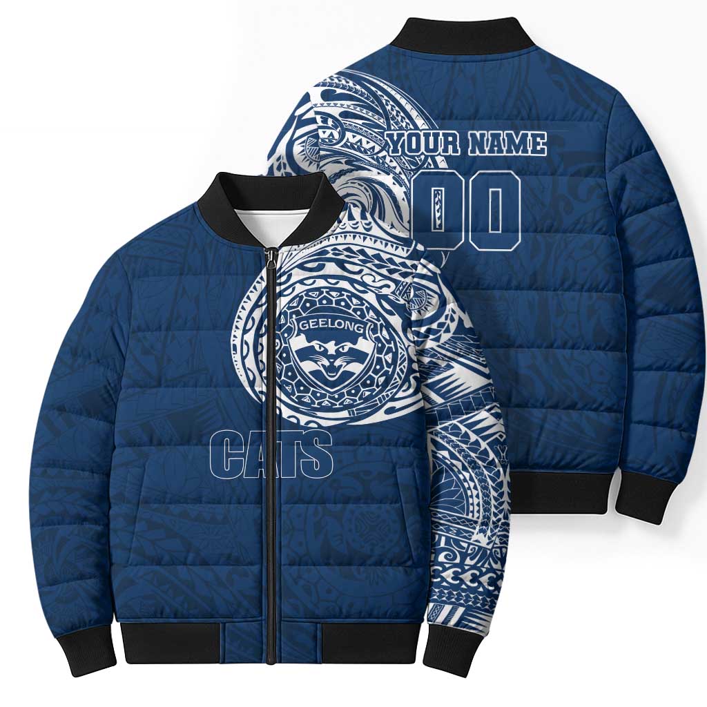 Personalized Geelong Cats Polynesian Bomber Puffer Jacket Tribal Chest and Sleeve Tattoo Heritage Warrior