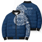 Personalized Geelong Cats Polynesian Bomber Puffer Jacket Tribal Chest and Sleeve Tattoo Heritage Warrior