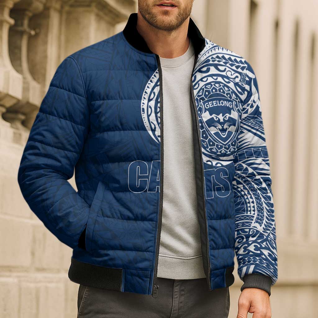 Personalized Geelong Cats Polynesian Bomber Puffer Jacket Tribal Chest and Sleeve Tattoo Heritage Warrior