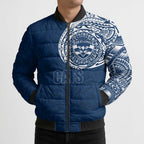 Personalized Geelong Cats Polynesian Bomber Puffer Jacket Tribal Chest and Sleeve Tattoo Heritage Warrior