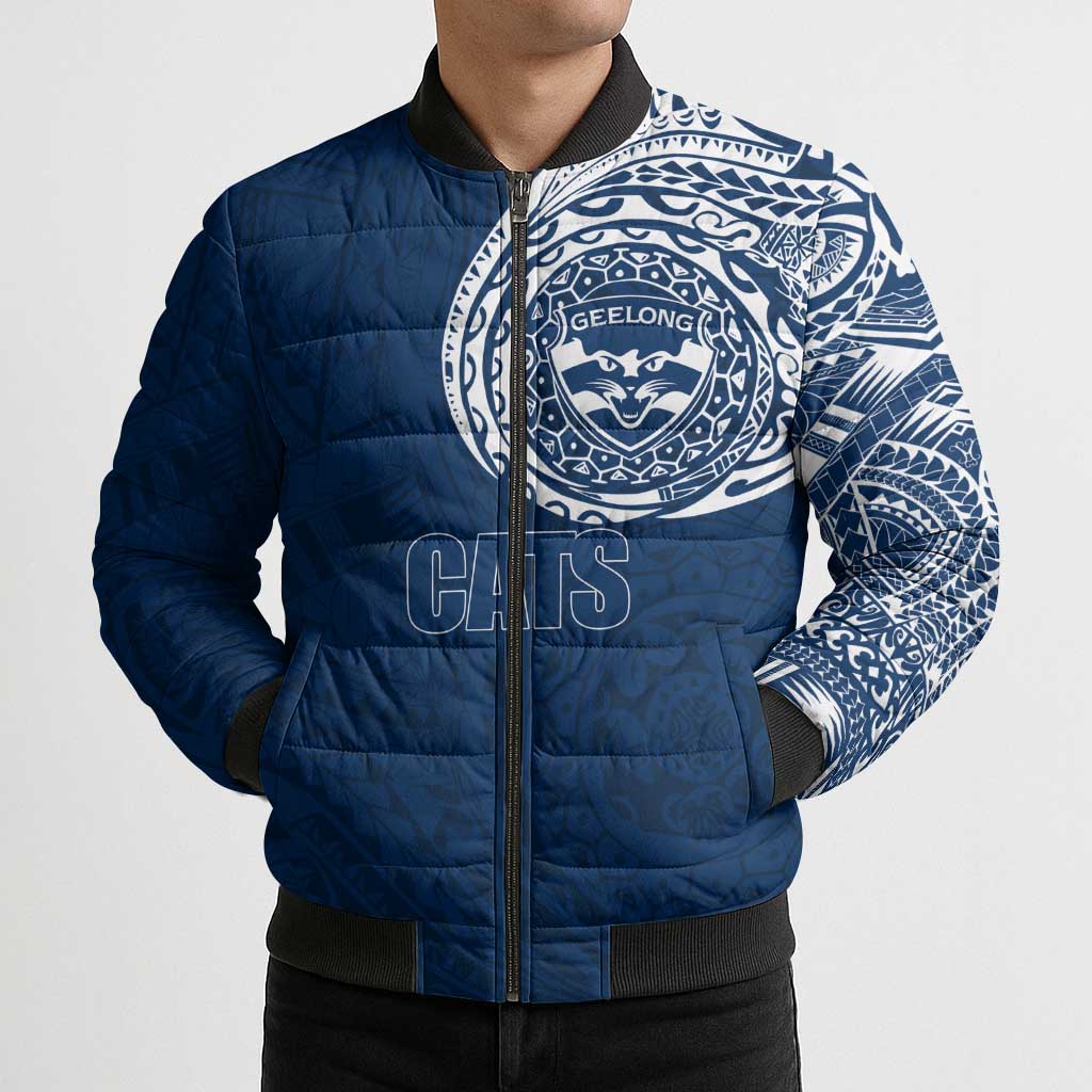 Personalized Geelong Cats Polynesian Bomber Puffer Jacket Tribal Chest and Sleeve Tattoo Heritage Warrior