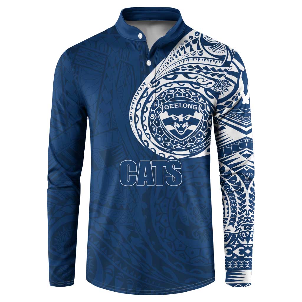 Personalized Geelong Cats Polynesian Button Sweatshirt Tribal Chest and Sleeve Tattoo Heritage Warrior