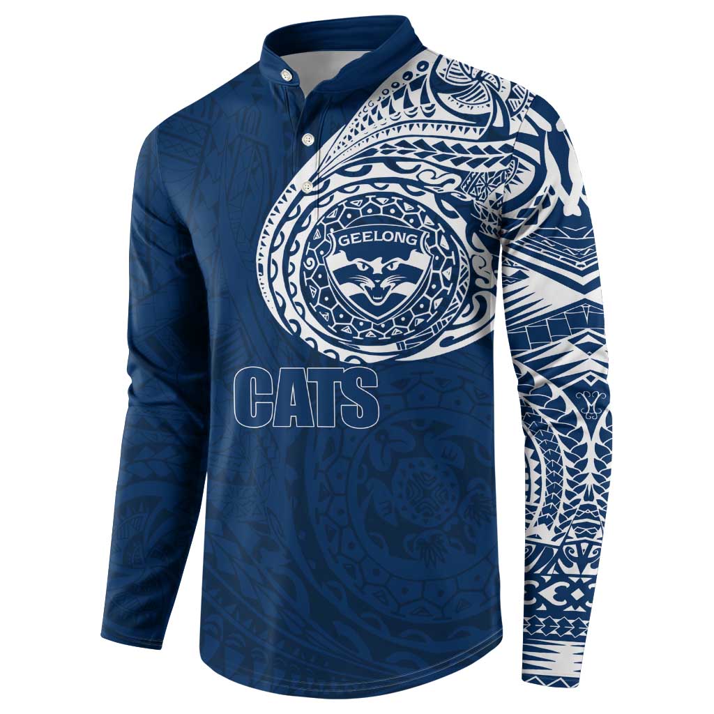 Personalized Geelong Cats Polynesian Button Sweatshirt Tribal Chest and Sleeve Tattoo Heritage Warrior