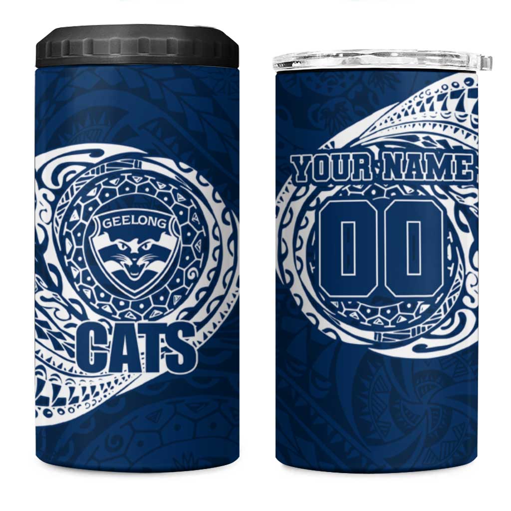 Personalized Geelong Cats Polynesian 4 in 1 Can Cooler Tumbler Tribal Chest and Sleeve Tattoo Heritage Warrior