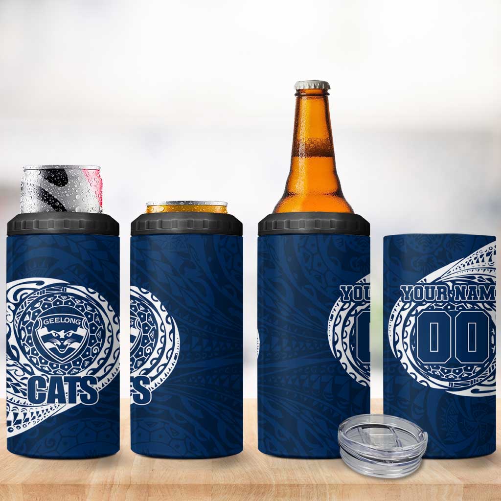 Personalized Geelong Cats Polynesian 4 in 1 Can Cooler Tumbler Tribal Chest and Sleeve Tattoo Heritage Warrior