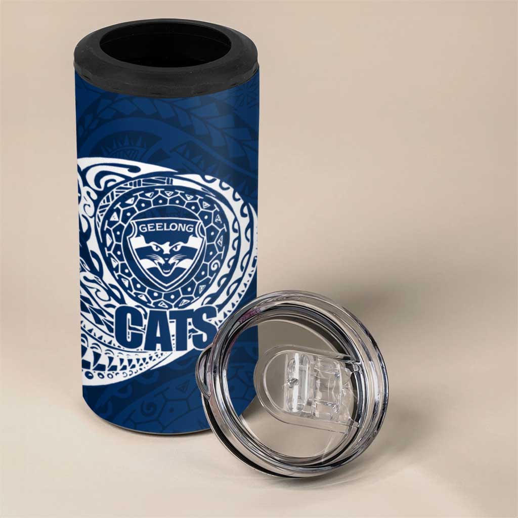 Personalized Geelong Cats Polynesian 4 in 1 Can Cooler Tumbler Tribal Chest and Sleeve Tattoo Heritage Warrior