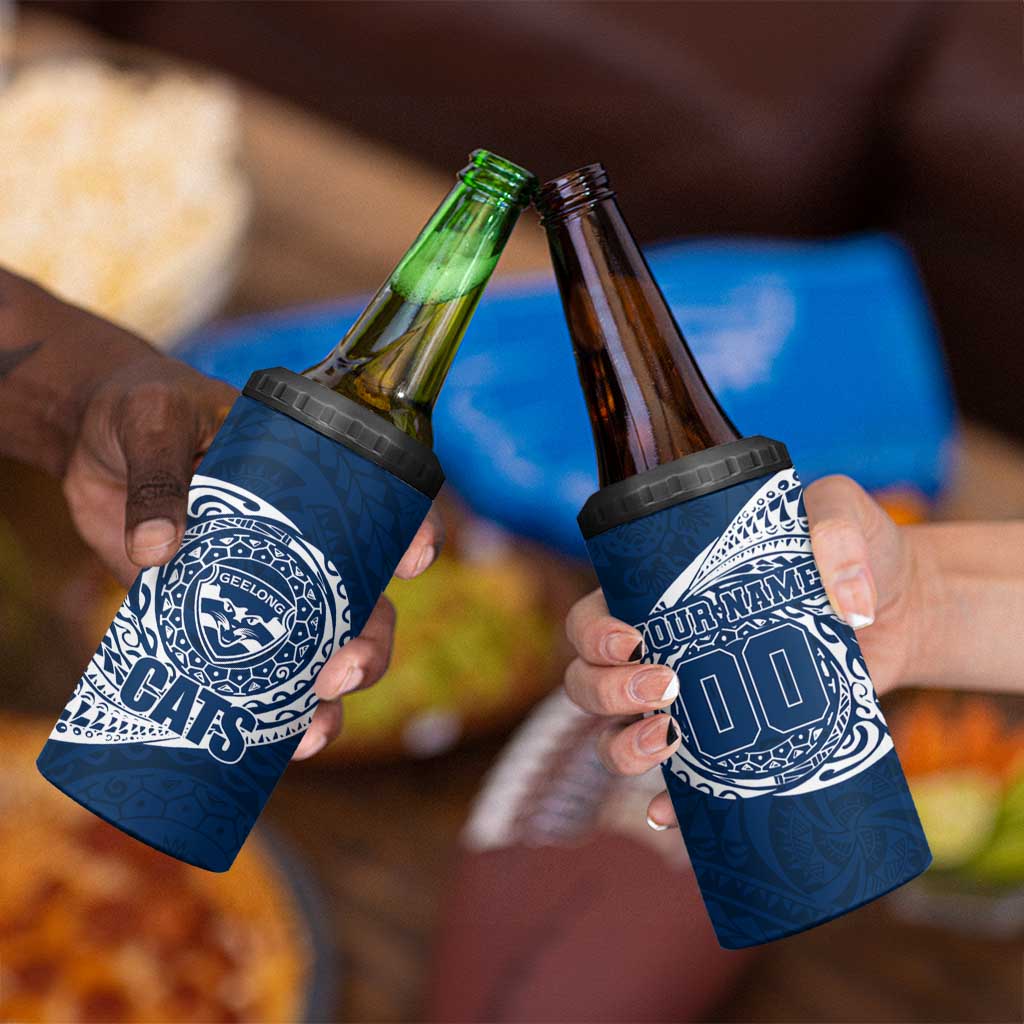 Personalized Geelong Cats Polynesian 4 in 1 Can Cooler Tumbler Tribal Chest and Sleeve Tattoo Heritage Warrior