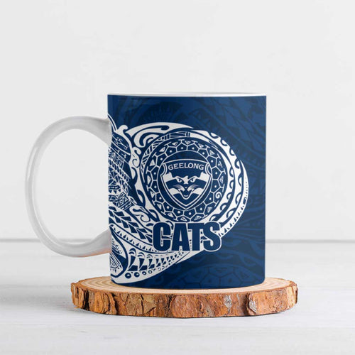 Personalized Geelong Cats Polynesian Ceramic Mug Tribal Chest and Sleeve Tattoo Heritage Warrior